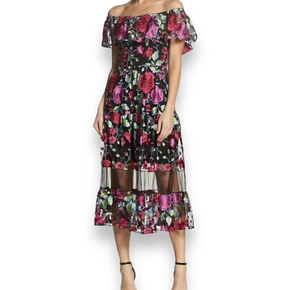 Dress The Population Gabriela Midi Dress Embroidered Floral Black Pink Sz Small